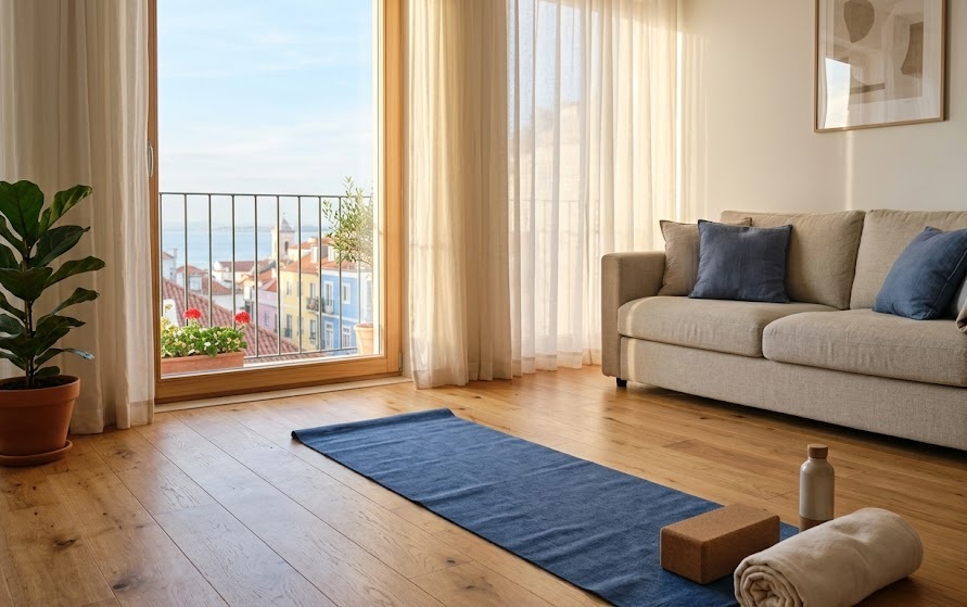 Pessoa a fazer um mini-treino numa sala iluminada em casa